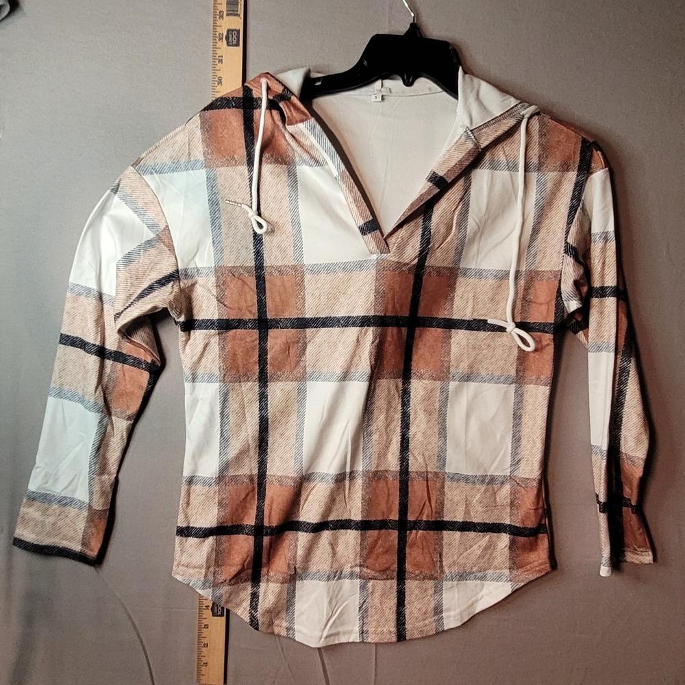 Brown Plaid V-Neck Hoodie Long Sleeve Lightweight Pullover Top Size Small